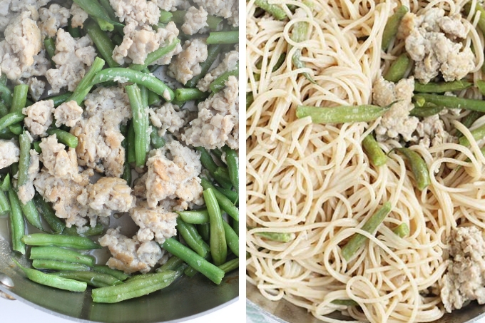 Fast Spaghetti with Sausage, Green Beans and Feta - Yummy Family Food